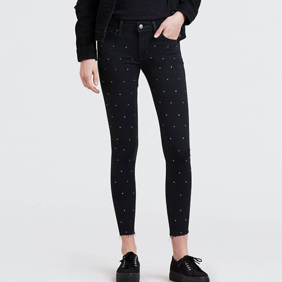 Levi's Denim - Levis 711 Skinny Black Studded Raw Hem Ankle Jeans